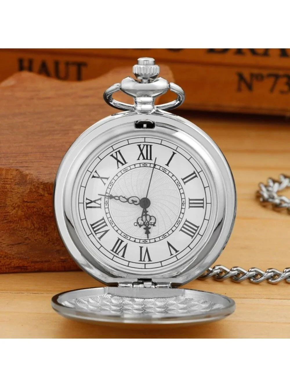 Men's Silver Analog Quartz Flower Arabic Numerals Movement Chain Pocket Watch